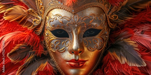 Venetian masquerade party at the Carnival of Masks. Generative Ai © Planum