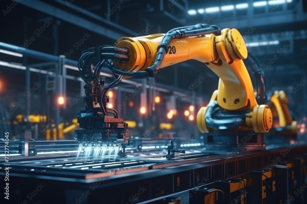 Smart industry robot arm system for digital factory production concept. 3D rendering, Ai generated