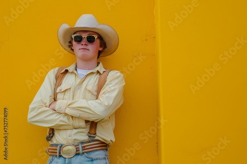 Adolescente redneck con gafas de sol en fondo amarillo, retrato aislado joven con sombrero de vaquero