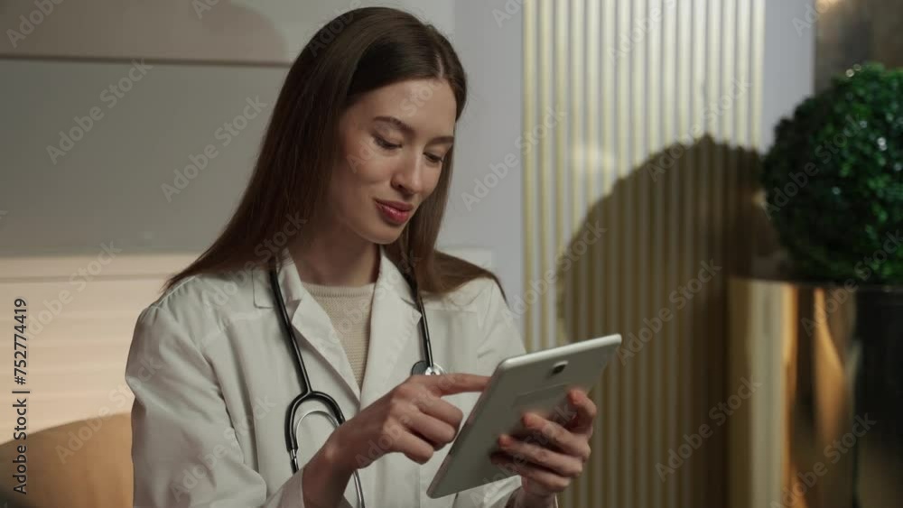 A focused medical professional stands in her office, engrossed in reviewing data on a tablet. Her white coat, adorned with a stethoscope, signifies her role. The office setting is modern and warmly A focused medical professional stands in her office, engrossed in reviewing data on a tablet. Her white coat, adorned with a stethoscope, signifies her role. The office setting is modern and warmly