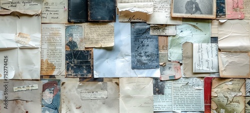 Weathered calligraphy and document collage. An assortment of aged papers, handwritten notes, and vintage photographs with visible folds and creases