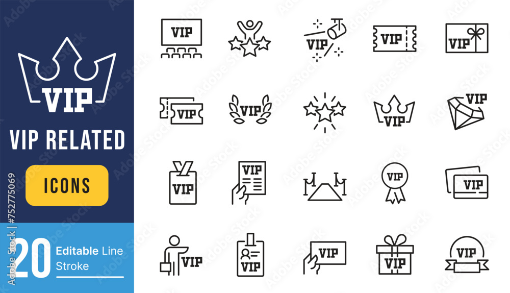 Set of VIP Related Vector Line Icons. Contains such Icons as Special Guests List, Red Carpet, VIP Line and more. Editable Stroke.