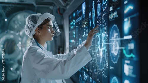 Doctor using digital medical futuristic interface 3D rendering medical application technology, screen demonstrates data and heart rate on digital screen, Ai generated for ads