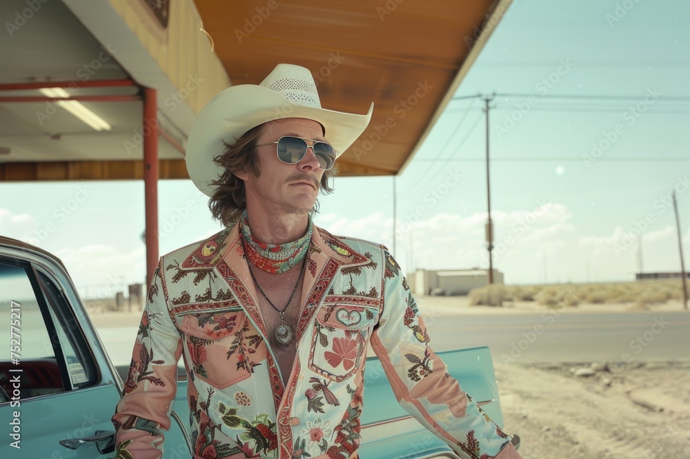 Φωτογραφία Retrato redneck esperando en una gasolinera de la ruta 66, cowboy autentico