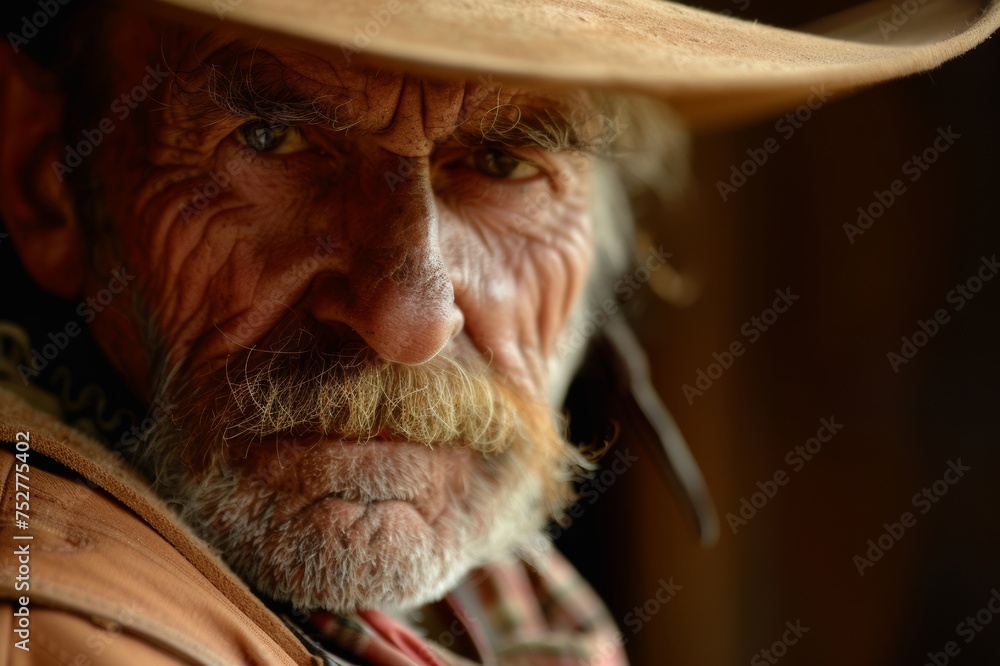 Hombre mayor con sombrero vaquero, retrato cowboy anciano con mirada expresiva  - obrazy, fototapety, plakaty 