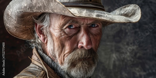 Hombre mayor y sabio con mirada penetrante y sombrero vaquero, retrato cowboy con arrugas en la cara 