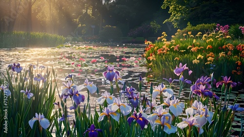 Sunlit flower pond with blooming lilies and iris. tranquil nature scene for relaxing and calming. perfect for wallpaper or background usage. AI