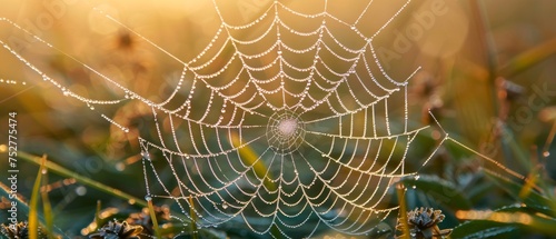 Sunrise illuminating a dew-covered spider web in nature