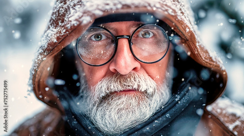 Winter portrait of a bearded man with glasses photo