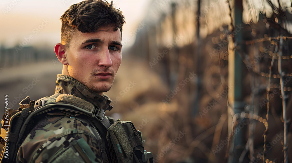 Serious young soldier in camouflage gear standing in a field. military attire and determined look. stock image suitable for various uses. AI