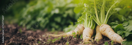 Horseradish root vegetable on the garden bed. Close up. Copy space for text. Blurred background. Banner slider template. © ilyakalinin