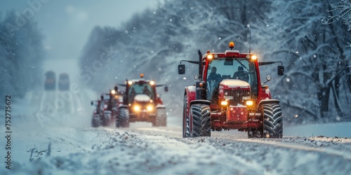 Tractors in a row drive by the snow-covered road. Generative Ai