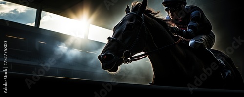Horse and jockey a silhouette of determination and speed under the stadiums watchful eyes