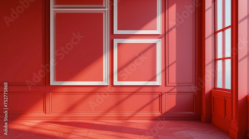 Red Room Ambiance with Sunlit Photo Frames
