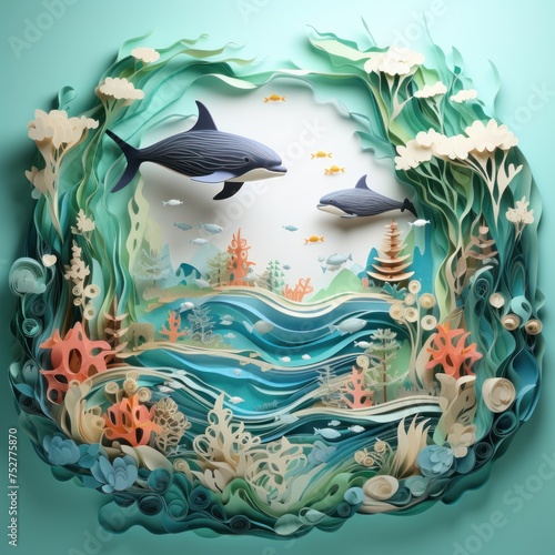 Paper art ocean with chibi sea creatures promoting World Water Day awareness photo