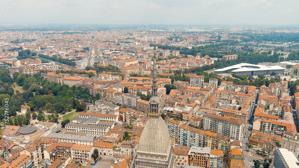 Turin, Italy. Mole Antonelliana - Majestic building from the 19th century. Panorama of the city. Summer day, Aerial View