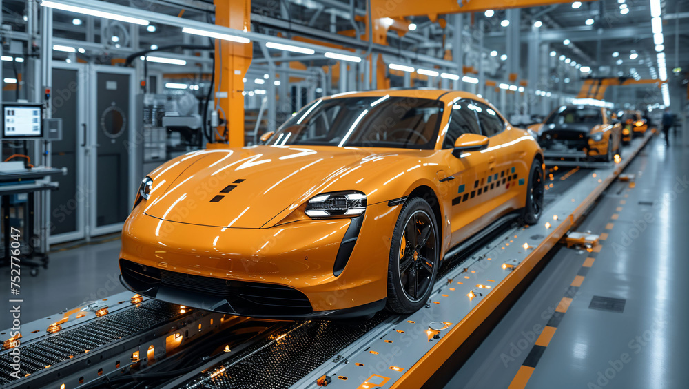 Automotive assembly line, futuristic vehicles being constructed, precision engineering Automotive assembly line, futuristic vehicles being constructed, precision engineering