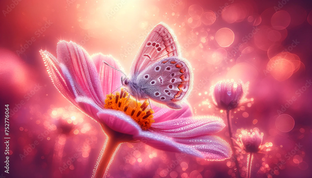 Create a hyper-realistic close-up image of a butterfly on a flower, emphasizing a soft pink tone throughout the scene Create a hyper-realistic close-up image of a butterfly on a flower, emphasizing a soft pink tone throughout the scene