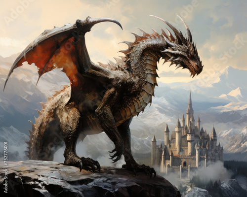 The steadfast gaze of a dragon mountains and castle beneath a testament to the guardianship of peace