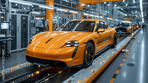 Automotive assembly line, futuristic vehicles being constructed, precision engineering