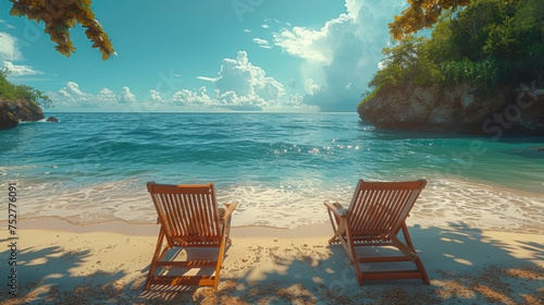 Beautiful beach. Chairs on the sandy beach near the sea. © Matthew