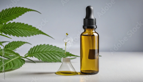 Dropper bottle of CBD oil and marijuana leaves