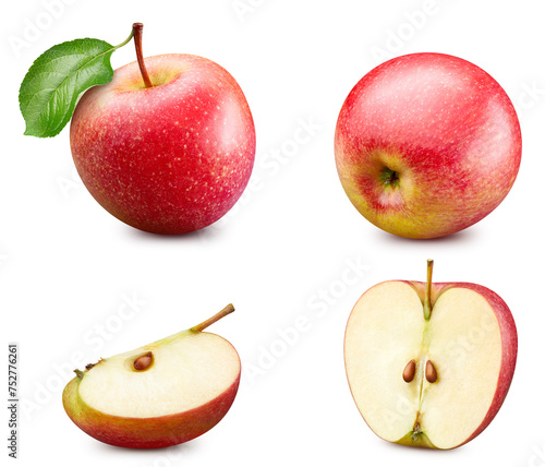 Whole apple, half and a slice on white background. Red apple isolated. Apple collection with clipping path