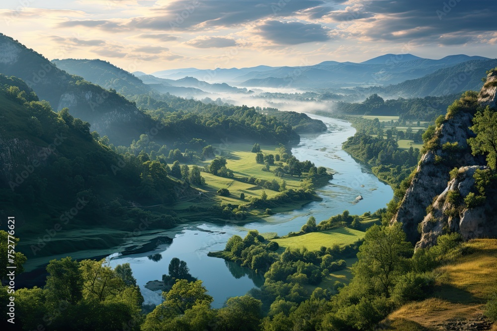 Landscape of Serbia with river and mountains. Fog over the forest. Generative AI Art. Beautiful view.