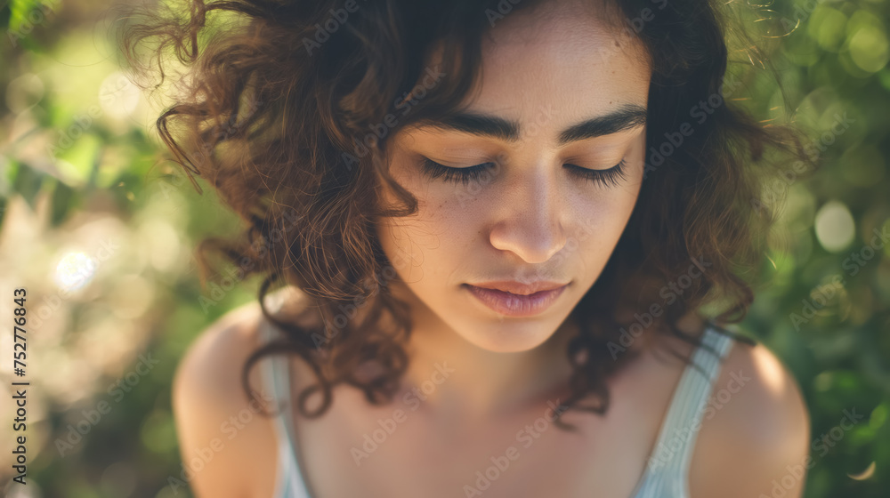 Young woman with eyes closed among greenery.