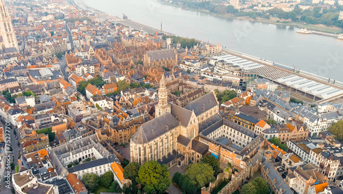 Antwerp, Belgium. Cathedral of St. Paul. The City Antwerp is located on the river Scheldt (Escaut). Summer morning, Aerial View photo