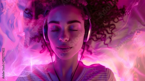 Surreal portrait of a woman enjoying music, neon colors emanate joy. ai-generated imagery. AI