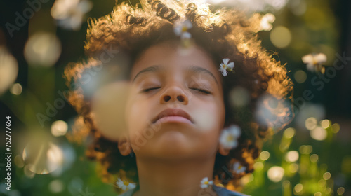 Child with eyes closed in a daisy field.