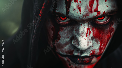 Hooded figure with bloodied face.