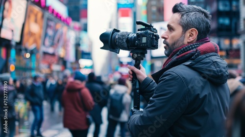 Videographer filming with professional camera in a bustling city street © David