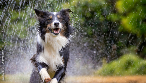 A border collie dog playing in the rain outdoors
