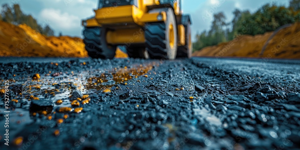 A road with construction equipment in close-up. Generative Ai - obrazy, fototapety, plakaty 