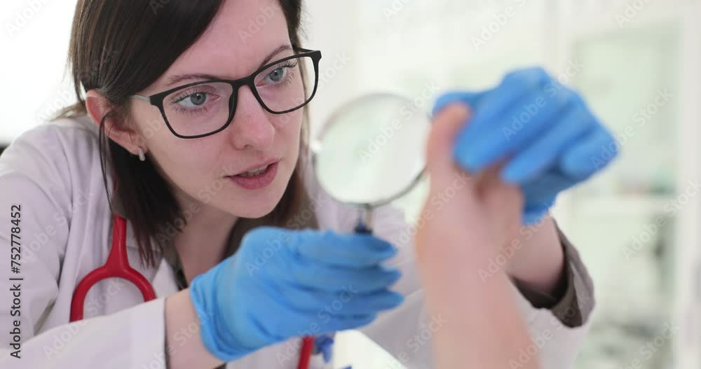 Doctor dermatologist examining patient foot using magnifying glass in clinic 4k movie slow motion. Podology and treatment of calluses and corns concept Doctor dermatologist examining patient foot using magnifying glass in clinic 4k movie slow motion. Podology and treatment of calluses and corns concept