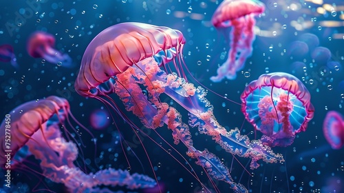 Vivid orange jellyfish floating gracefully underwater. ocean life captured in artistic style. ethereal marine scene illustration. AI
