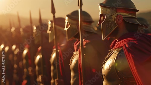 A group of Spartan Hoplites stand in formation their red cloaks and bronze armor gleaming in the sunlight. They are a formidable sight to behold instilling fear in their enemies. photo