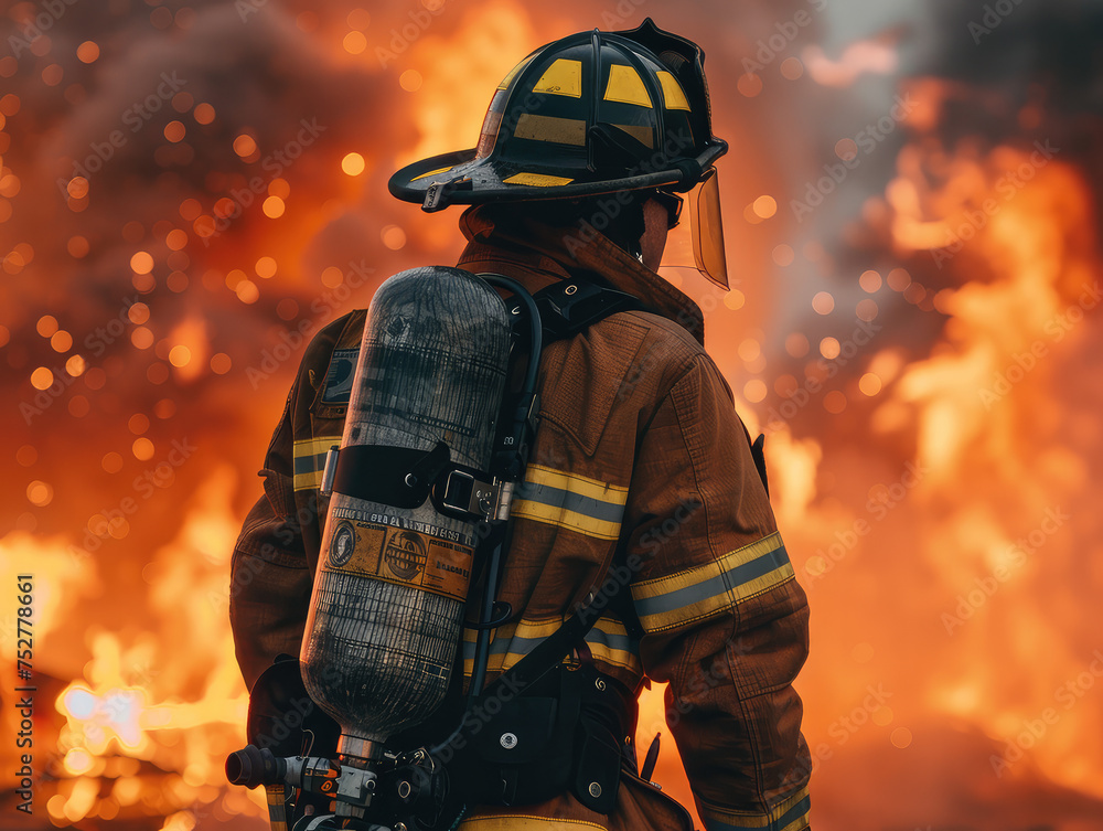 Firefighter in Full Gear Overlooking Inferno Firefighter in Full Gear Overlooking Inferno