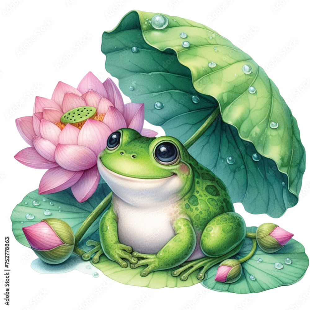 frog sitting on a lotus leaf clipart watercolor 
