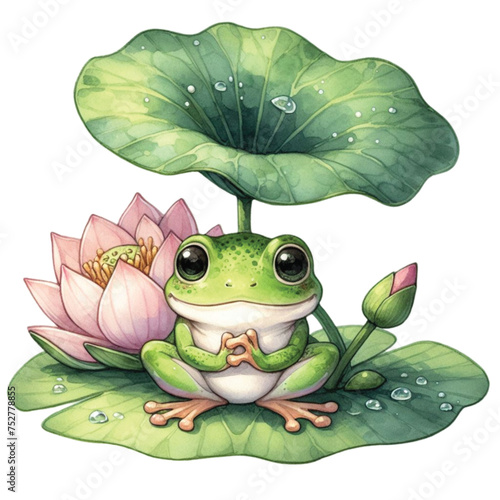 frog sitting on a lotus leaf clipart watercolor 
