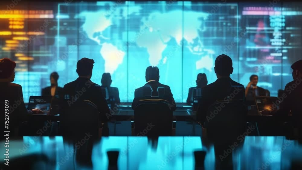 A group of business professionals in a conference room each wearing a holographic device that shows subtitles in their preferred language as the speaker is presenting in a A group of business professionals in a conference room each wearing a holographic device that shows subtitles in their preferred language as the speaker is presenting in a