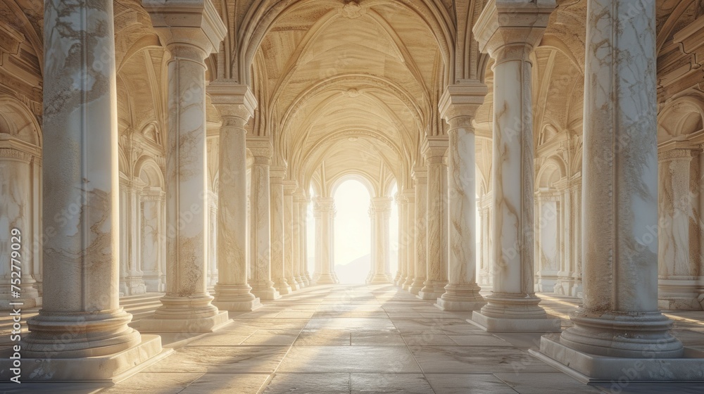 Arcade and a corridor of white columns. A passage of marble columns. Background with perspective going into distance