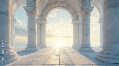 Arcade and a corridor of white columns. A passage of marble columns. Background with perspective going into distance