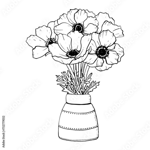 Anemones wildflowers bouquet in ceramic vase vector illustration. Floral ink drawing for coloring pages and books