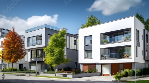 Panoramic view of modern apartment building exterior. Modern european residential architecture.