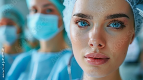 Close-up face of aesthetic surgery doctor. Female doctor surgeon analyzing patient facial structure for cosmetic surgery