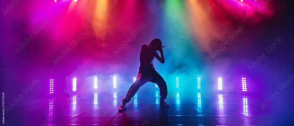Silhouette of dancer on stage with vibrant lighting and fog effects