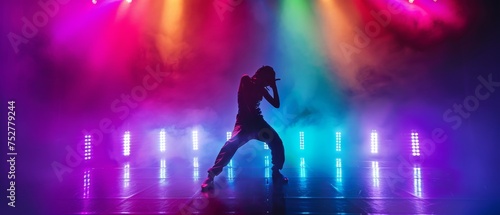 Silhouette of dancer on stage with vibrant lighting and fog effects